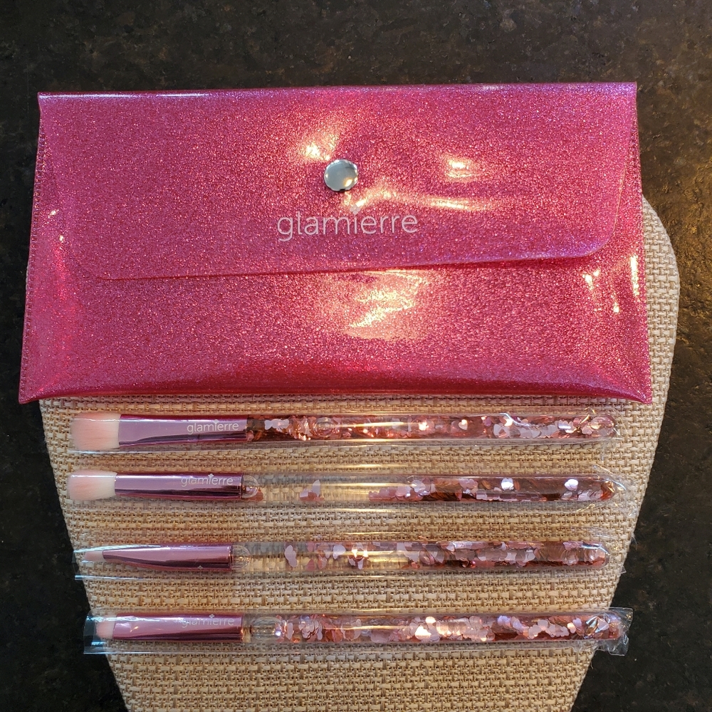 Glamierre Pink Luxe Glitter Eye Brush Collection - set of 4 with travel case